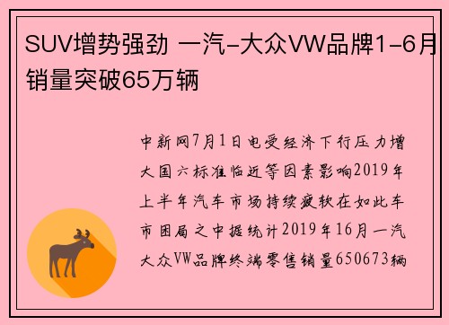 SUV增势强劲 一汽-大众VW品牌1-6月销量突破65万辆
