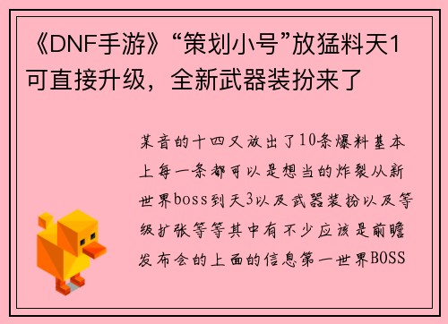 《DNF手游》“策划小号”放猛料天1可直接升级,全新武器装扮来了