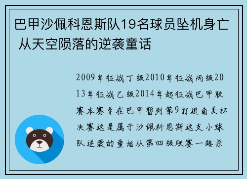 巴甲沙佩科恩斯队19名球员坠机身亡 从天空陨落的逆袭童话
